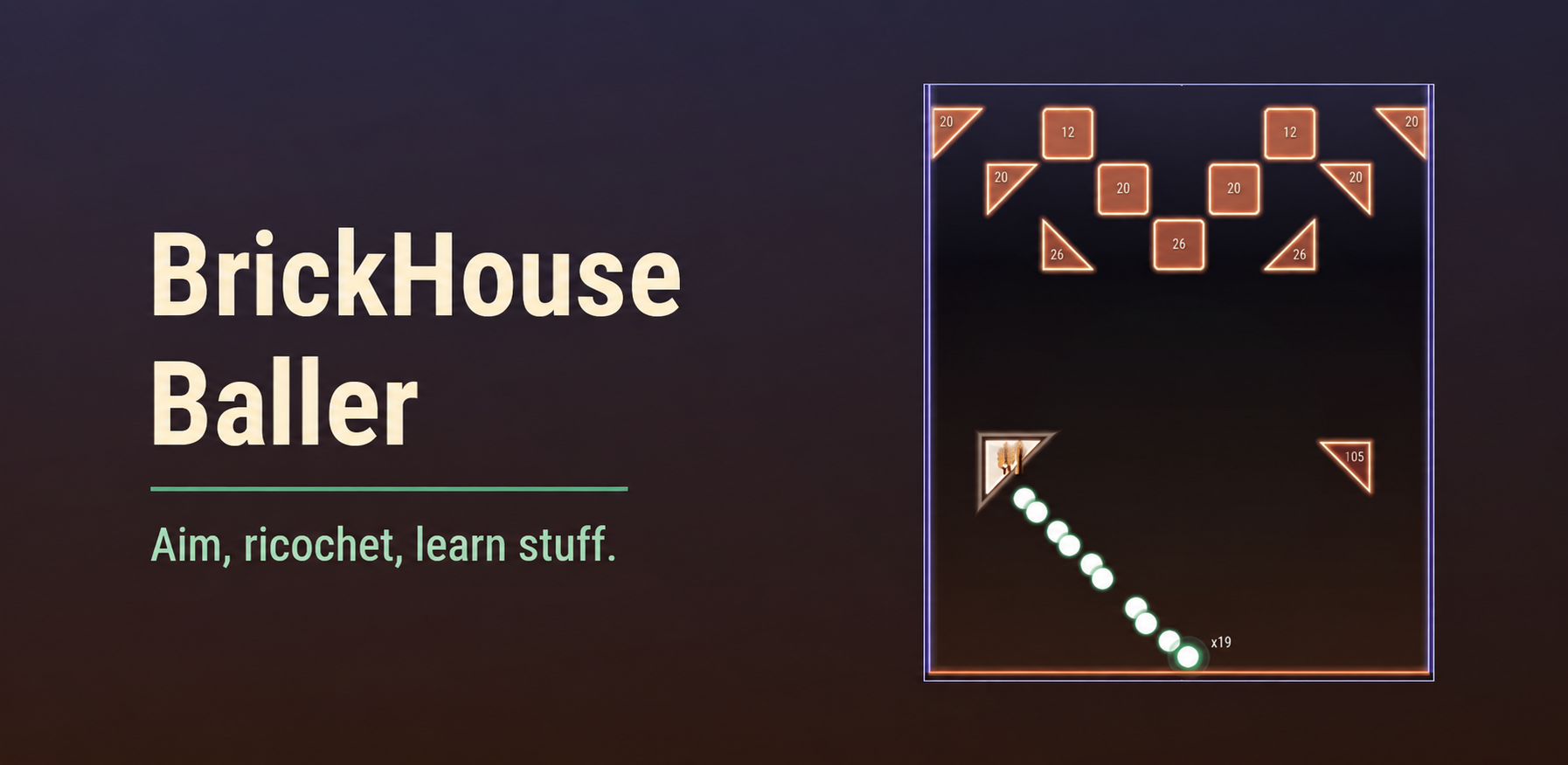 BrickHouse Baller: aim, ricochet, learn stuff. A volley of balls heads toward terracotta bricks.